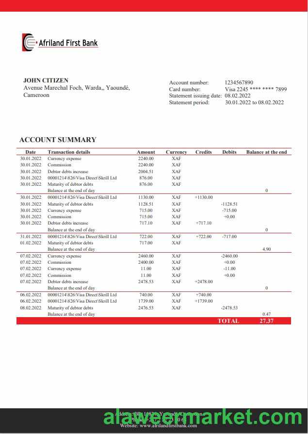 Cameroon Afriland First bank statement
